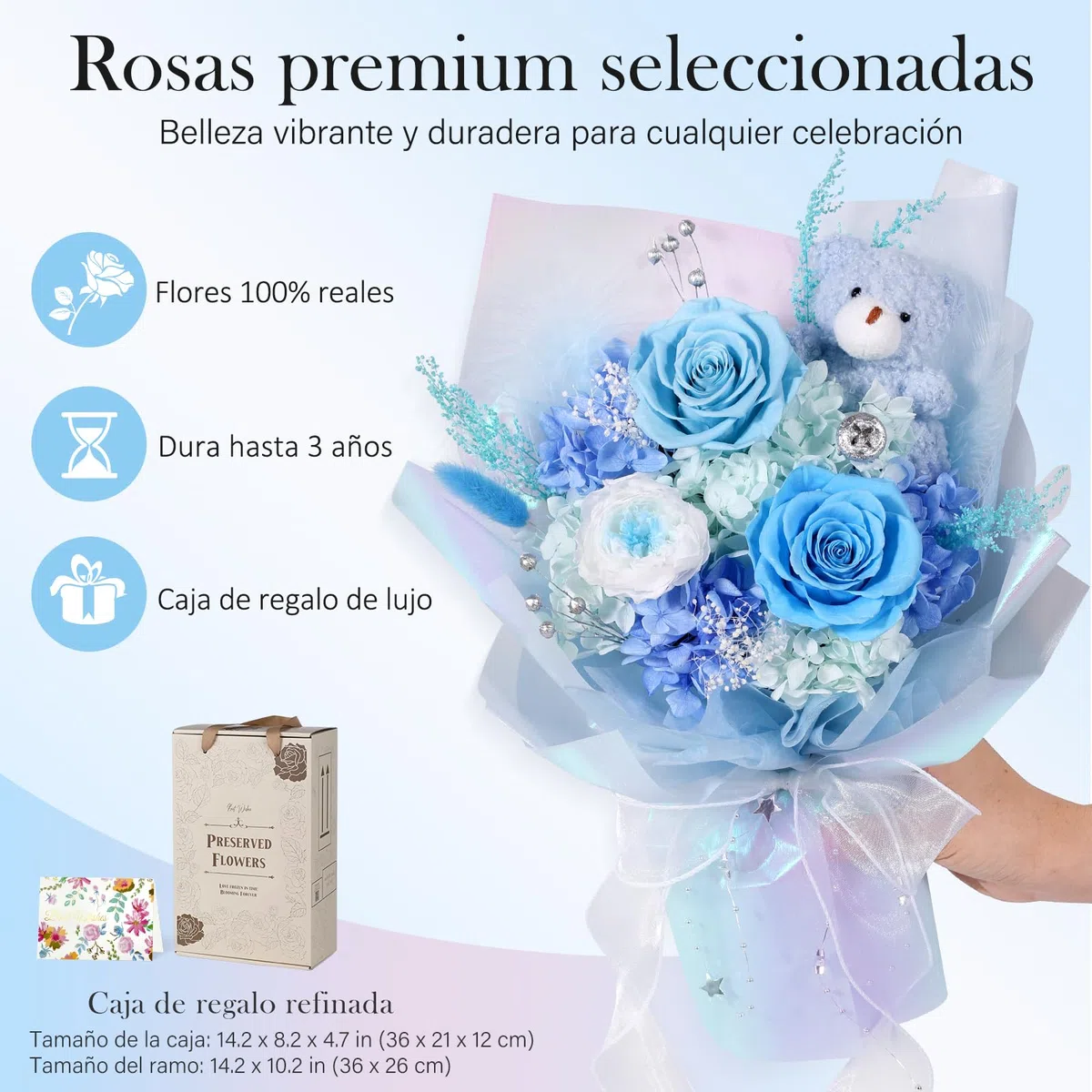 Ramo de Flores Preservadas con Osito, Rosas Eternas Azules, Regalo Mujer | Regalo de 3 rosas preservadas en San Valentín, aniversario, cumpleaños o Día de la Madre, para mujer, novia, esposa o madre