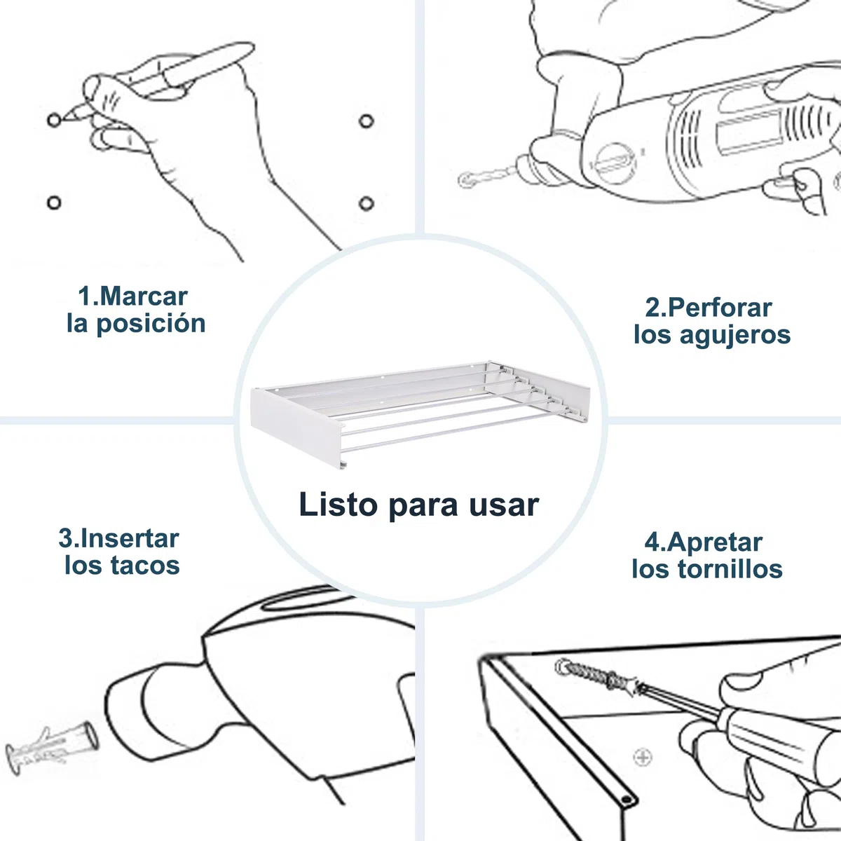 FUSHITON Tendedero de Pared Plegable 5 Barras, Soporte de Toallas Plegable de Aluminio + Acero al Carbono Recubierto de Polvo, Ahorro de Espacio para Baño y Balcón, MAX 10 kg, Blanco