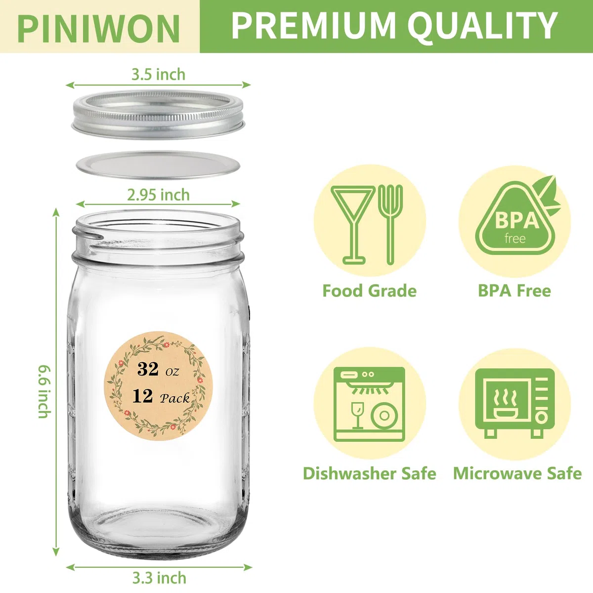 PINIWON Tarros Mason de boca ancha de 32 onzas, Frascos de Vidrio con Tapa y Bandas Herméticas, Paquete de 12 Tarros de Conservas de Cuarto de Galón para Enlatar, Encurtir, Conservar