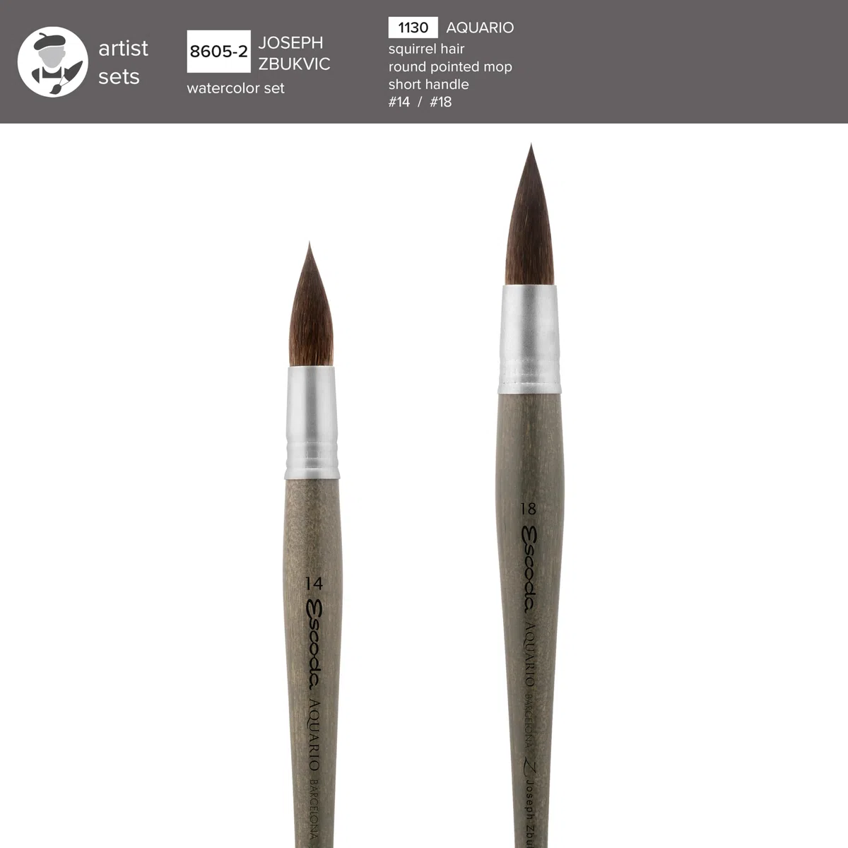 ESCODA Set 2 Pinceles Acuarela - N.14,18 Mop Redondo Punta Pelo Fino Petit Gris Natural Set 2 Joseph Zbukvic Serie Aquario Profesional Fabricado a Mano en España.