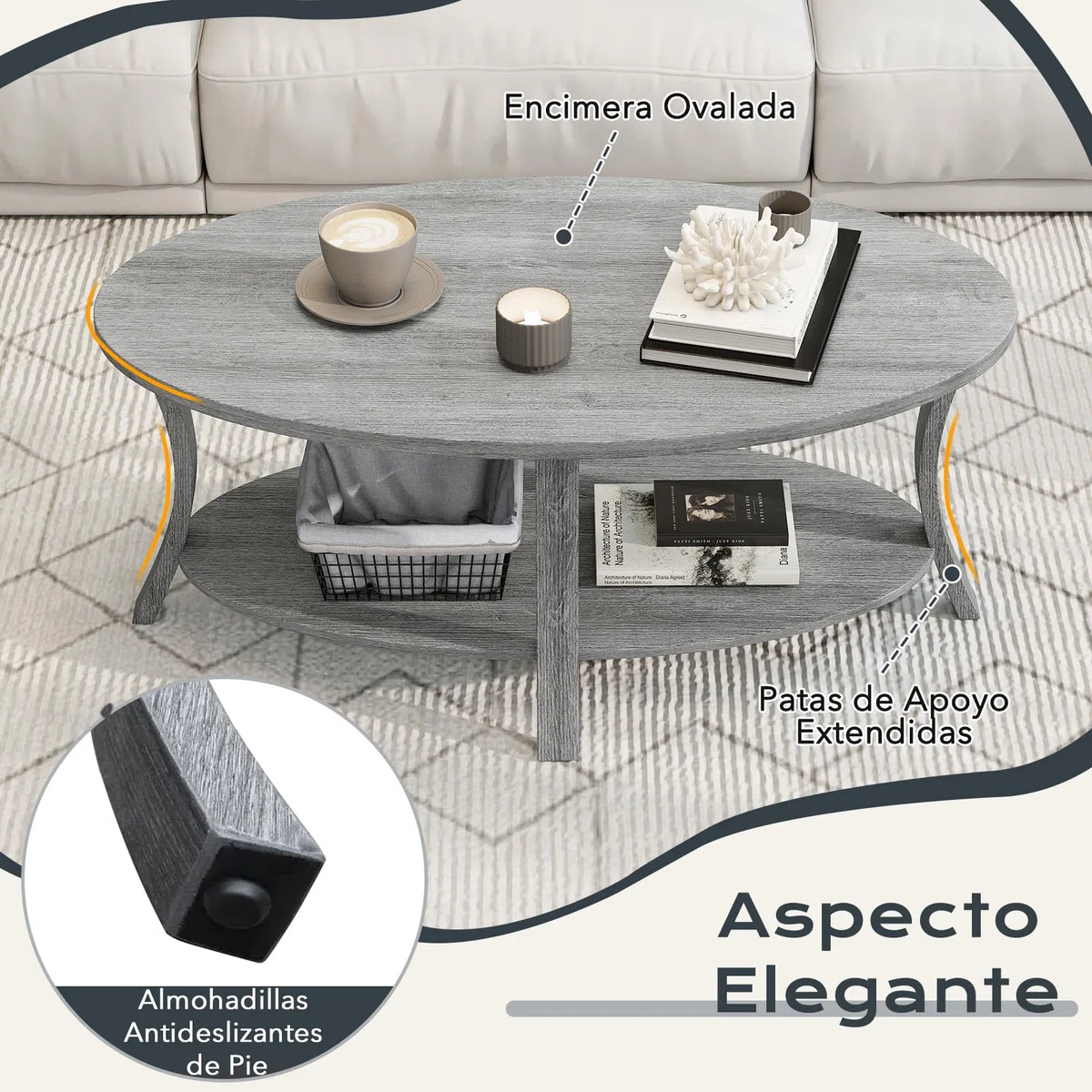 GOPLUS Mesa de Café Ovalada, Mesa Decorativa de Madera de Caucho con Estante de Almacenamiento Abierto, Mesa de Centro de 2 Niveles con Patas de Soporte Robustas para Sala de Estar Estudio (Gris)