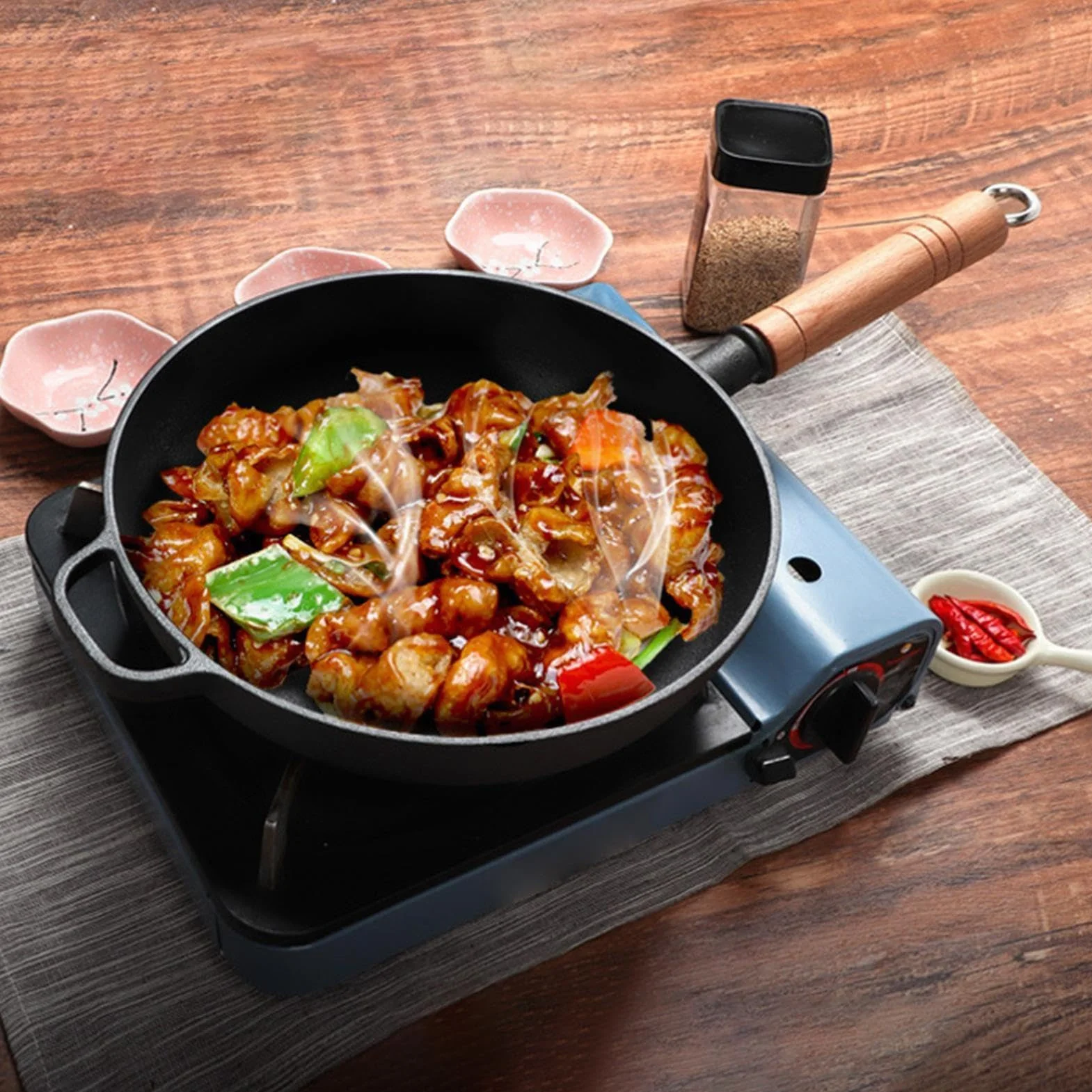Sartenes De Hierro Fundido Con Tapa Antiadherente Con Mango De Madera | Plancha Grill Cocina Para Cocinar, Hogar, Camping, Dorar, Hornear, Saltear, Tortilla, Pescado, Huevos