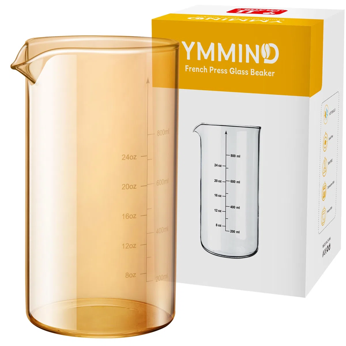 Vaso de vidrio de repuesto de prensa francesa de diseño universal estándar de 34 onzas, se adapta a la mayoría de las marcas de cafeteras de prensa francesa (1 cuarto / 1000 ml / 5-6 tazas) prensa de