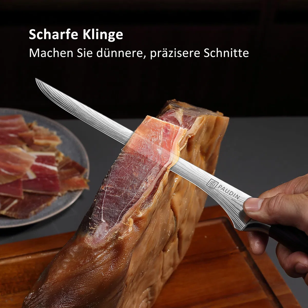 PAUDIN Cuchillo jamonero 25cm, cuchillo de cocina profesional de acero inoxidable alemán 1.4116 - hoja de precisión para lonchas finísimas, afilado cuchillo de trinchar con mango ergonómico de madera