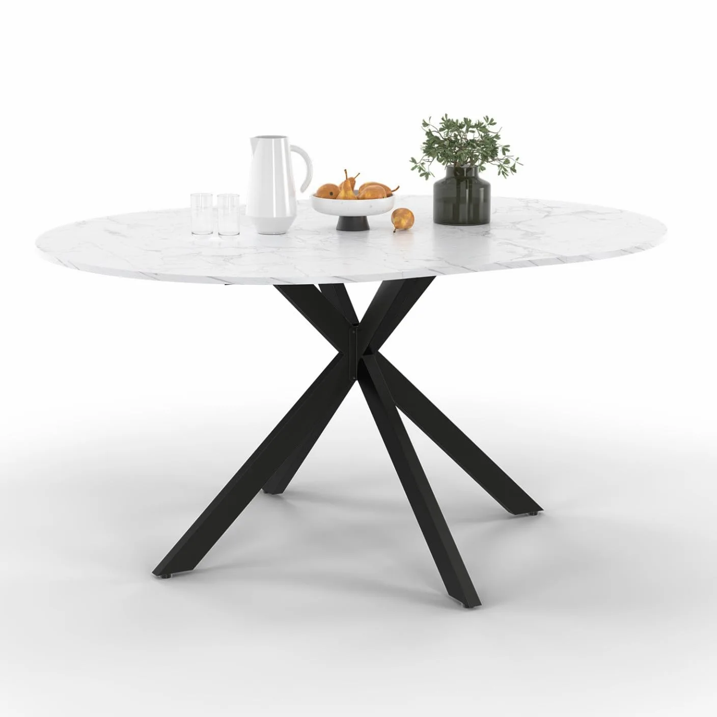 IDMarket – Mesa de comedor extensible redonda Alix 4-8 personas, pie araña negro, bandeja efecto mármol blanco Alaska 110-150 cm