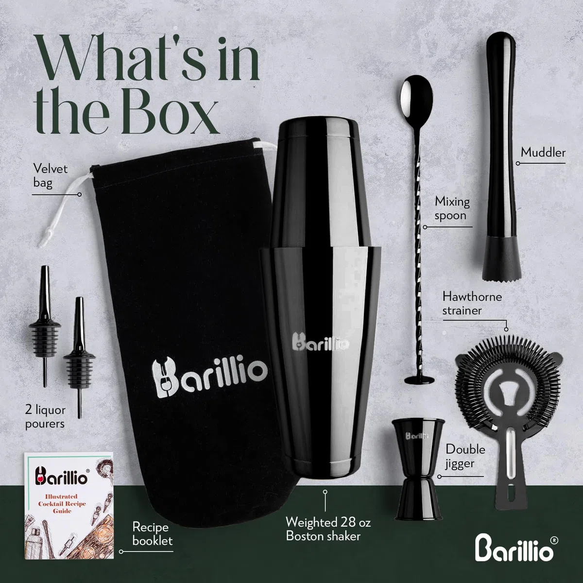Barillio Black Boston - Juego de coctelera de acero inoxidable con peso para coctelera Martini con colador y mezclador, kit de barman de mixología, juego de bar para el hogar, juego de coctelera de 9