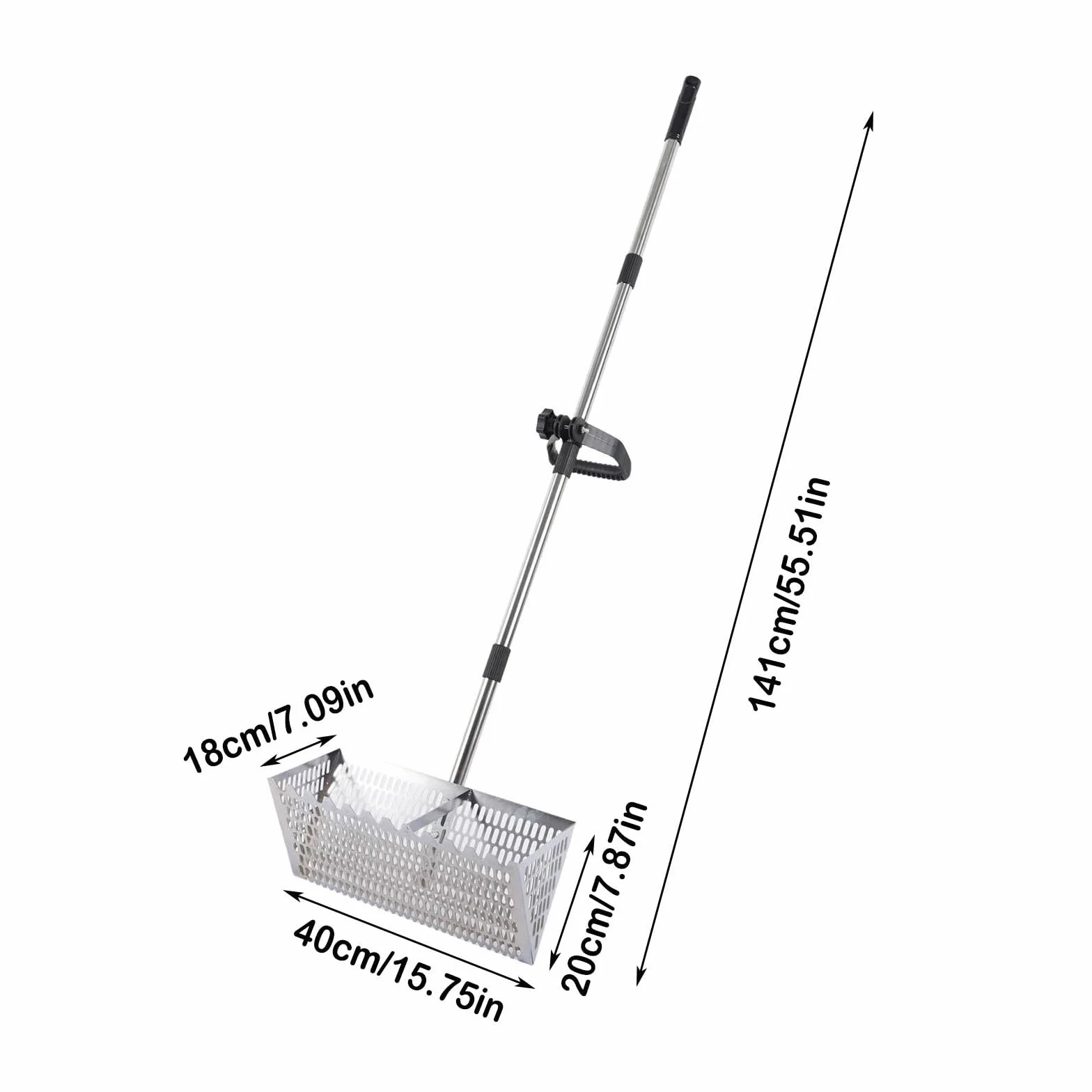 Rastrillo de arena de playa de acero inoxidable con mango de 141 cm de largo y malla de 40 x 18 cm, tamiz de arena plegable portátil para viajes, herramienta de playa desmontable para un uso fácil