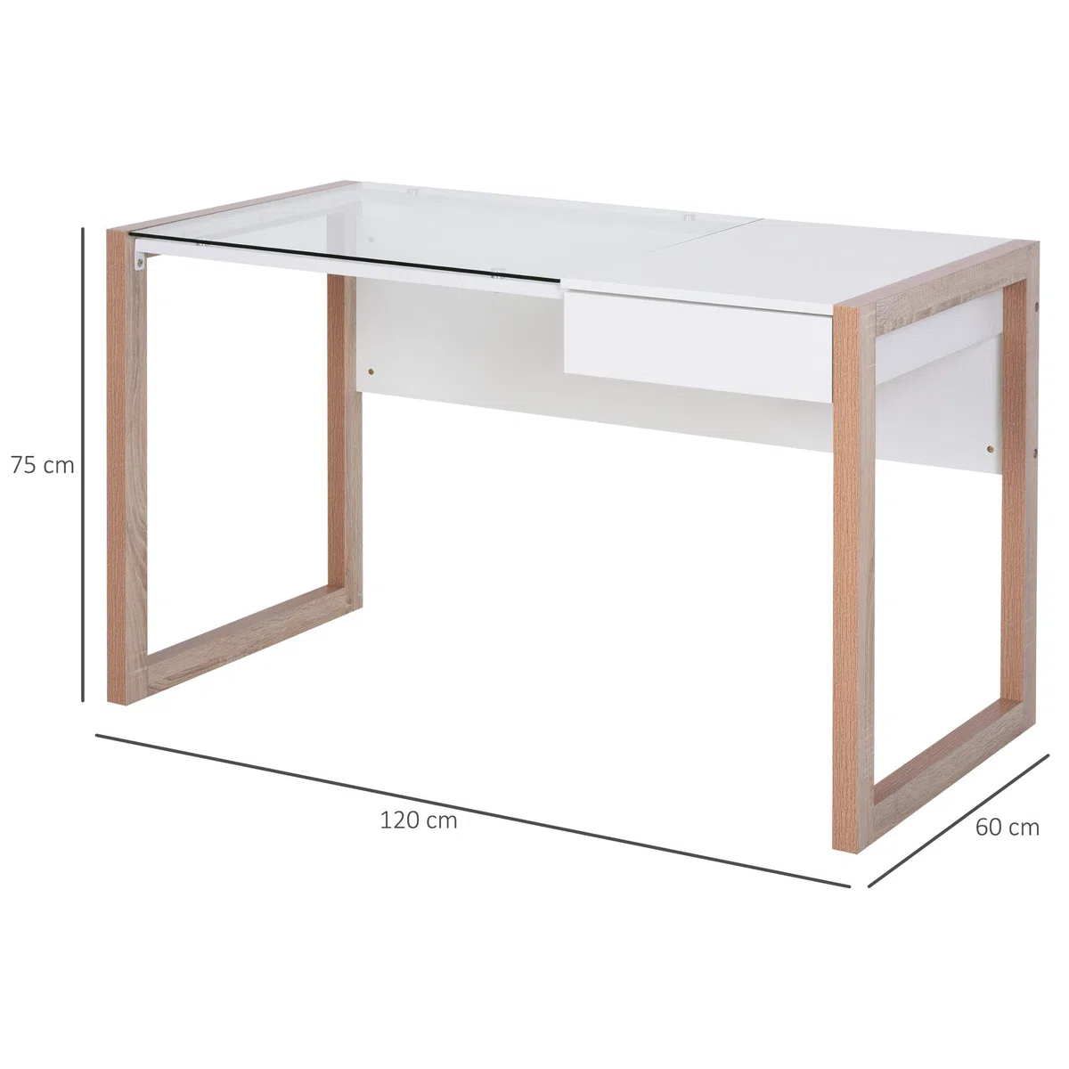HOMCOM Mesa de Ordenador Diseño Moderno Cajón Oficina 120x60x75 cm Blanco | Mesa de Escritorio, Tablero de Vidrio Templado, Combinación de Estilos, Estudio